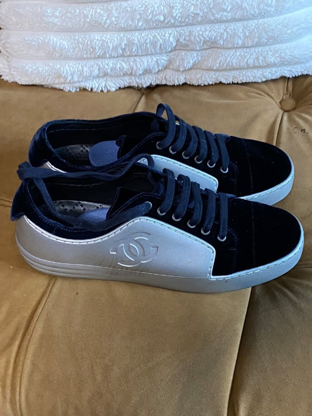 Chanel Women's Silver & Navy Trainers Sneakers Size 9 Designer Shoes